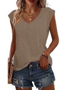 3pcs Solid Color Plus Size V-Neck T-Shirts, Casual Short Sleeve T-Shirts Spring/Summer, Women's Clothing - Light Brown + Dark Brown + Black - View 5
