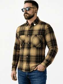 Men's Long-Sleeved Flannel Plaid Shirt - Gold - View 1