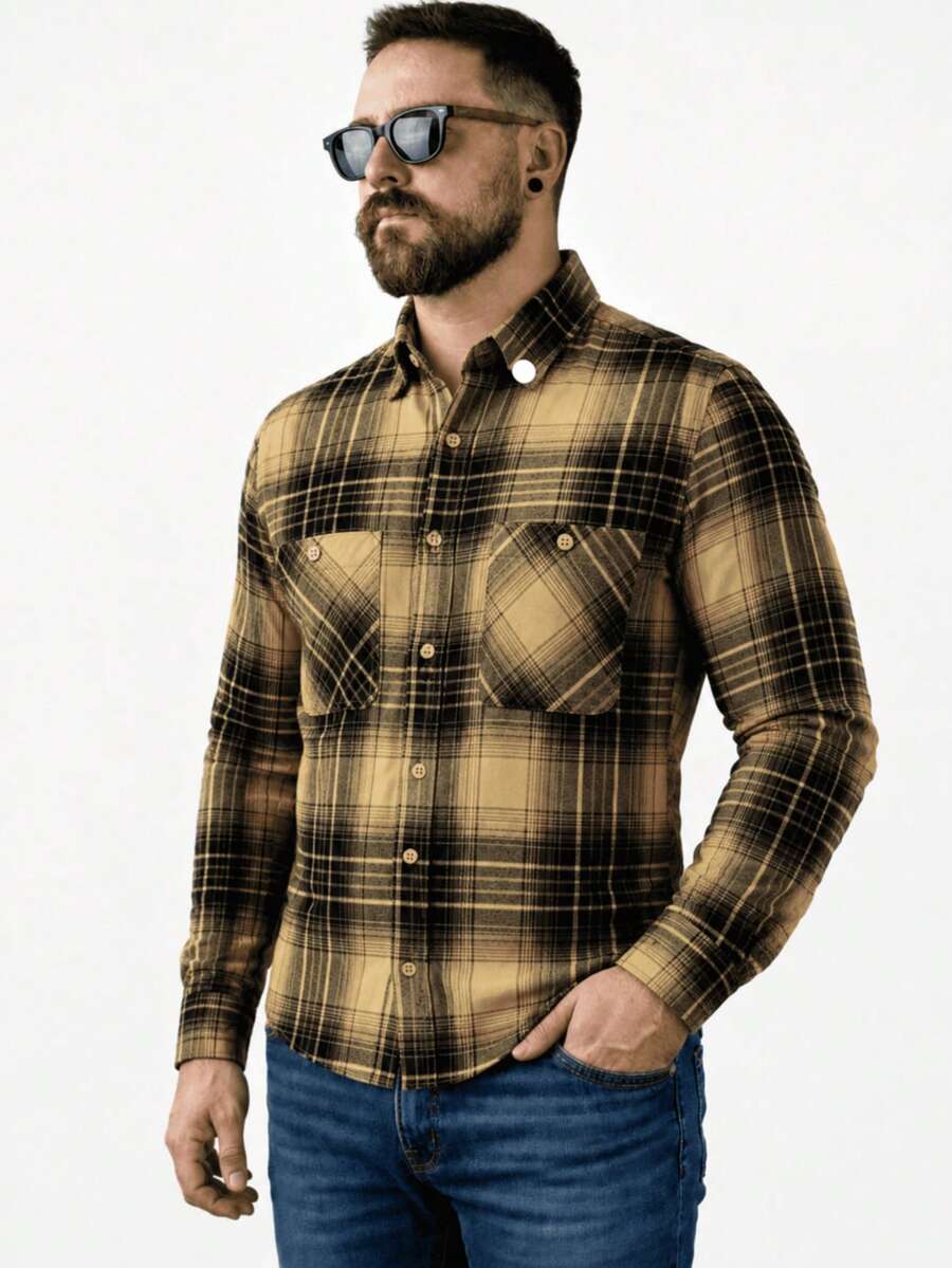 Men's Long-Sleeved Flannel Plaid Shirt - Gold - View 1