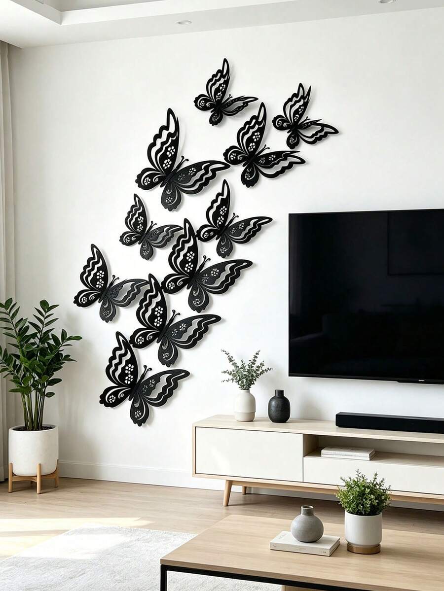 24pcs/Set 3D Double Layer Butterfly Wall Stickers, Modern Style Butterfly Decals, Self-Adhesive Wall Stickers, Party Decoration, Suitable For Living Room And Bedroom - A - View 1