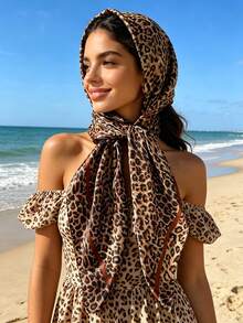 1pc Women's Fashion Leopard Print 90cm Square Scarf, Multifunctional Headscarf, Suitable For All Seasons Outfit Matching - Coffee Brown - View 3