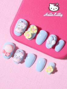 Sanrio Hello Kitty 24片短橢圓藍色法式指尖美甲貼，附可愛3D Hello Kitty、花朵與氣球裝飾，完美貼合壓克力假指甲套組，含1片果凍膠與1片指甲锉，適合女性與女孩日常及派對使用 - 彩色 - 查看 1
