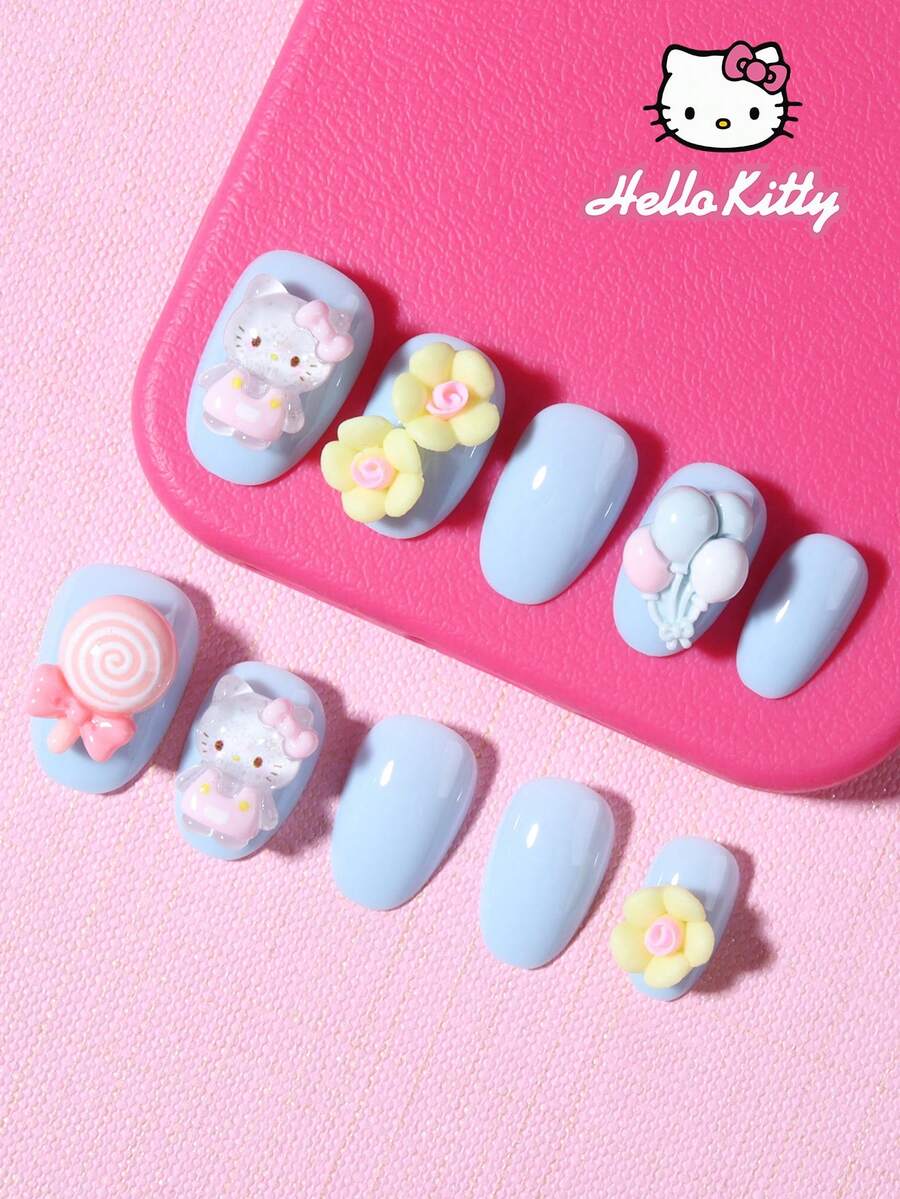 Sanrio Hello Kitty 24片短橢圓藍色法式指尖美甲貼，附可愛3D Hello Kitty、花朵與氣球裝飾，完美貼合壓克力假指甲套組，含1片果凍膠與1片指甲锉，適合女性與女孩日常及派對使用 - 彩色 - 查看 1