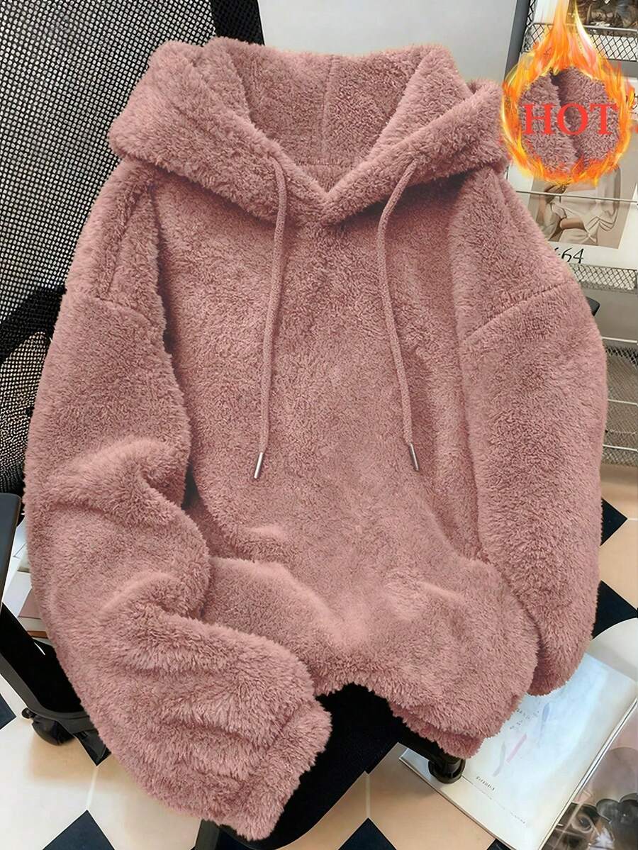 Sudadera con capucha de lana sintética de cordero para mujer de talla grande de , cálida y a la moda para otoño e invierno,. - Rosa vieja - Ver 1