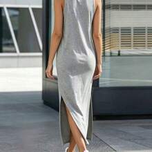 Vestido de punto casual de mujer con cuello redondo y dobladillo con abertura lateral en gris claro - Gris Claro - Ver 5