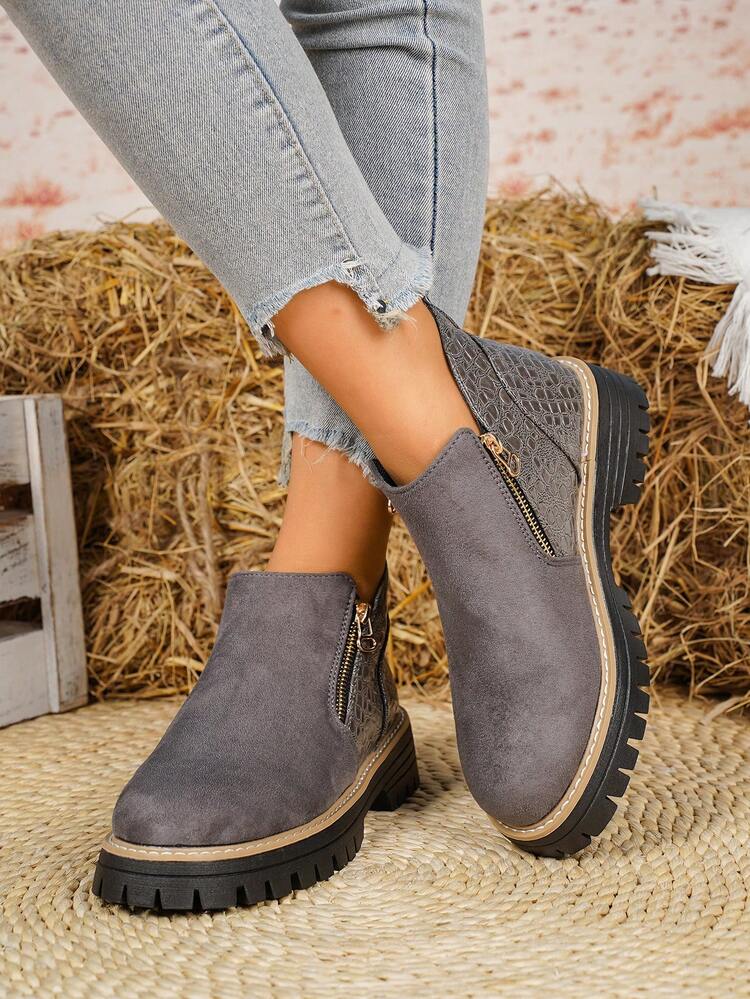 Women's Fashion Retro Crocodile Pattern Patchwork Ankle Boots - Grey - View 4