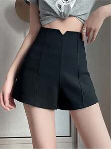 CZJ Pantalones cortos de traje de corte A de talle alto en color liso para mujer - Negro - Ver 1