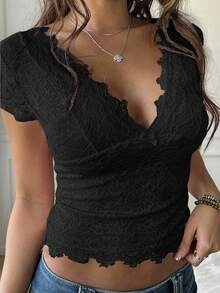 Plus Size Women's Valentine's Day Sexy V-Neck Lace Hollow Out Fitted Knit Short Sleeve Top Casual Black Summer - Black - View 2