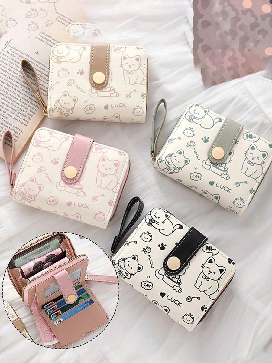Women's Mini Wallet, Cute Cat Pattern, Small Zipper Coin Purse With Multiple Card Slots And Wrist Strap - Lightweight And Portable, Can Hold Cash, ID And Coins, Large Capacity Short Wallet, Fashionable And Adorable Faux Leather Coin Pouch, Suitable For Daily Use, Commuting, And An Ideal Gift For Friends And Family.