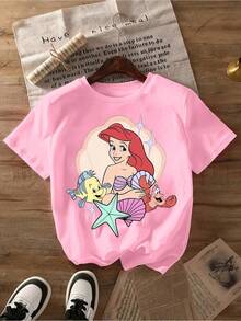 Disney The  Ariel Women T Shirt Casual Black Short Sleeve O Neck Top Featuring Ariel Flounder And Sebastian Print - 粉色 - 查看 1
