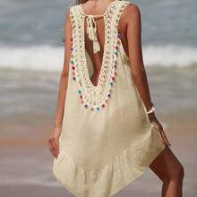 Vacation Hand-Crocheted Backless Colorful Ball Patchwork Ruffled V-Neck Pullover Beach Bikini Cover-Up - Apricot - View 3