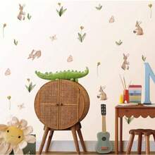 - Calcomanas de pared para guardera, diseo de acuarela, para verano, con diseo de conejitos y flores, reutilizables y extrables - Vistoso - Ver 2