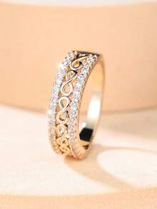 1pc Elegant Fashion Gold Infinity Symbol Zirconia Ring Set, Versatile Affordable Luxury Style, Suitable For Office, Date And Daily Wear - Golden Yellow+White - View 2