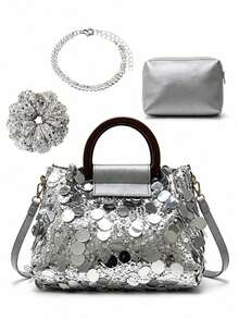 Silver Women's Crossbody Bag Set With Mini Pouch, Fashionable Metallic Texture Shoulder Handbag, 2026 Small Square Women's Bag, Minimalist PU Leather Wallet, Fashionable Chain Strap Messenger Bag For Daily Outings, Shopping, Parties, Lightweight Luxury Designer-Inspired Tote Clutch, Elegant Y2K Street Style For Office, Dates, Vacation, Dinner, Gift Bag - Multicolor - View 1