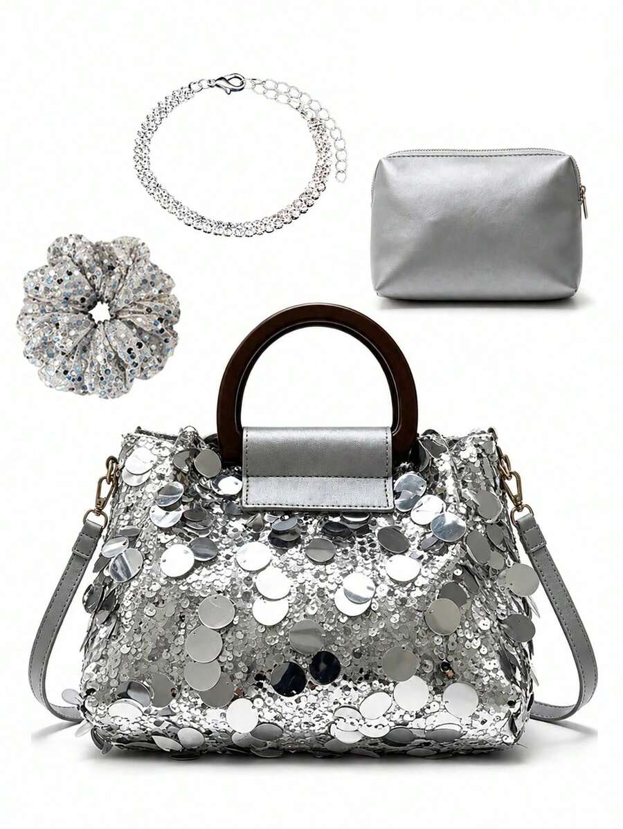 Silver Women's Crossbody Bag Set With Mini Pouch, Fashionable Metallic Texture Shoulder Handbag, 2026 Small Square Women's Bag, Minimalist PU Leather Wallet, Fashionable Chain Strap Messenger Bag For Daily Outings, Shopping, Parties, Lightweight Luxury Designer-Inspired Tote Clutch, Elegant Y2K Street Style For Office, Dates, Vacation, Dinner, Gift Bag - Multicolor - View 1