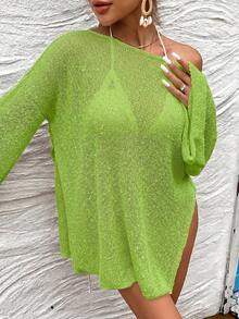 Women's Loose Drop Shoulder Casual Sheer Beach Cover Up For Summer Vacation - Lime Green - View 7
