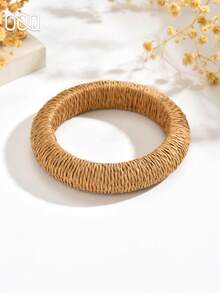 OOQ 1pc Minimalist Style Raffia Plain Hoop Bracelet For Women, Elegant Fashion Simple Casual Versatile Bangle, Suitable For Daily Commute, Gatherings, Holidays, Gifts (Handmade Raffia Weaving, Random Direction And Shape) - Khaki - View 5