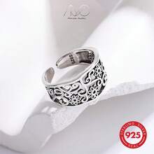 925 Sterling Silver Vintage Hollow Flower Design Open Ring, Smooth Finish, Adjustable, Suitable For Daily Wear, Party, Gift For Family And Friends, Birthday, Holiday - Gift Box - Antique Silver - View 8