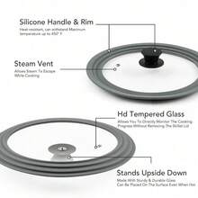 Heat Resistant Glass Pot Lid Silicone Edge Universal Cover In 2 Sizes Compatible With 16-20cm & 24-28cm Cookware Ideal For Frying Pan Wok Stockpot Kitchen Matching Parts - Grey - View 3