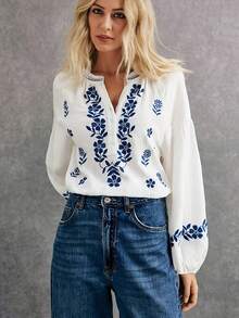 New 2026 Model:Camisa pura de manga larga estilo francés con bordado de temática étnica, ligera, cómoda y transpirable, perfecta para uso diario, desplazamientos y vacaciones - Blanco - Ver 5