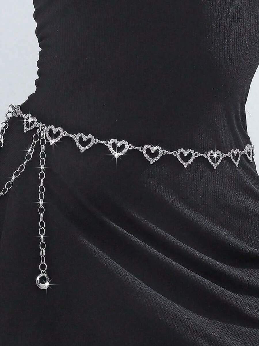 1pc Hollow Heart-Shaped Rhinestone Waist Chain, Shiny Adjustable Body Chain, Women's Dress Accessory - Silver - View 1