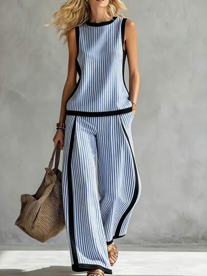 Blue And White Vertical Striped Women's Casual Fashion Wide-Leg Pants Two-Piece Set, Color-Block Print Design, Crew Neck Sleeveless Top Two-Piece Set