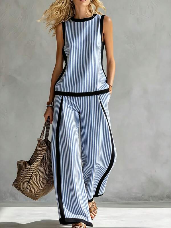 Blue And White Vertical Striped Women's Casual Fashion Wide-Leg Pants Two-Piece Set, Color-Block Print Design, Crew Neck Sleeveless Top Two-Piece Set