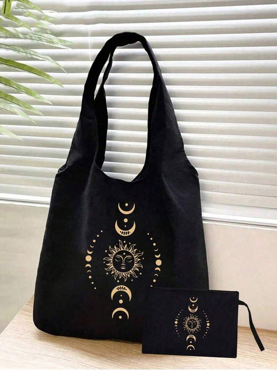 日月星印花帆布肩背包、黑色印花托特包、黑色小手提包、情人節禮物、個性化伴娘婚禮禮物包、化妝包、旅行簡約收納包、購物袋、可重複使用購物托特包、大容量學生托特包、零錢包，適合女性化妝品收納、大學宿舍化妝品收納、女性旅行、返校教師禮物、姐妹禮物、教師節最佳禮物、生日禮物、週年紀念禮物、畢業禮物