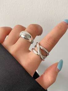 2pcs Vintage Exaggerated Geometric Line Chain Geometric Rings, Suitable For Women's Daily Wear, Gift For Friends And Family - Silver - View 5