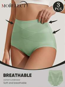 Morelect 3pcs/Set Women's High Waist Briefs, Comfortable, Skin-Friendly, Soft, Light Tummy Control - Multicolor - View 3