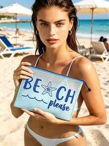 防水時尚海灘包，印有「Beach Please」海星圖案，大容量，透明設計，尼龍拉鍊，輕巧耐用，適合春夏季收納，適用於游泳、海灘、潛水、夏季度假、開學季。輕便防曬收納袋，送給朋友、家人、閨蜜、同學的完美禮物 - 彩色 - 查看 1