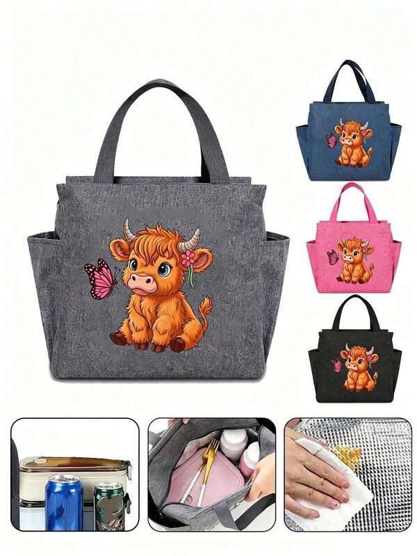 Isolierte Lunchbox-Tasche mit zwei Taschen, Schmetterling- und Hochlandrind-Muster, isolierte Frischhalte-Lunchbox-Tasche für Schüler, super süßes Kuh- und Schmetterlingsmuster mit großen Augen, tragbare Picknicktasche, isolierte Lunchbox-Tasche, öffentliche Lunchbox-Tasche