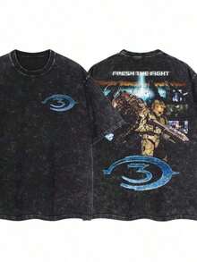 Camiseta de Moda Urbana Lavada para Hombre 2026 | Patrón de Halo 3 y las palabras "End Battle", camiseta vintage de tela gruesa, regalo perfecto para juegos y uso casual, estampada en la par - Negro - Ver 1