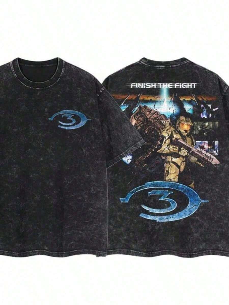 Camiseta de Moda Urbana Lavada para Hombre 2026 | Patrón de Halo 3 y las palabras "End Battle", camiseta vintage de tela gruesa, regalo perfecto para juegos y uso casual, estampada en la par - Negro - Ver 1