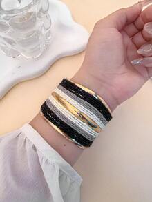 1pc Raffia Woven Metal Open Cuff Bracelet, Bohemian Style Color Block Bangle, Vintage Versatile Accessory For Daily Commute, Office, Afternoon Tea With Friends, Beach Vacation, Spring Outings, Minimalist / French / Commuter Style - Black and White - View 10