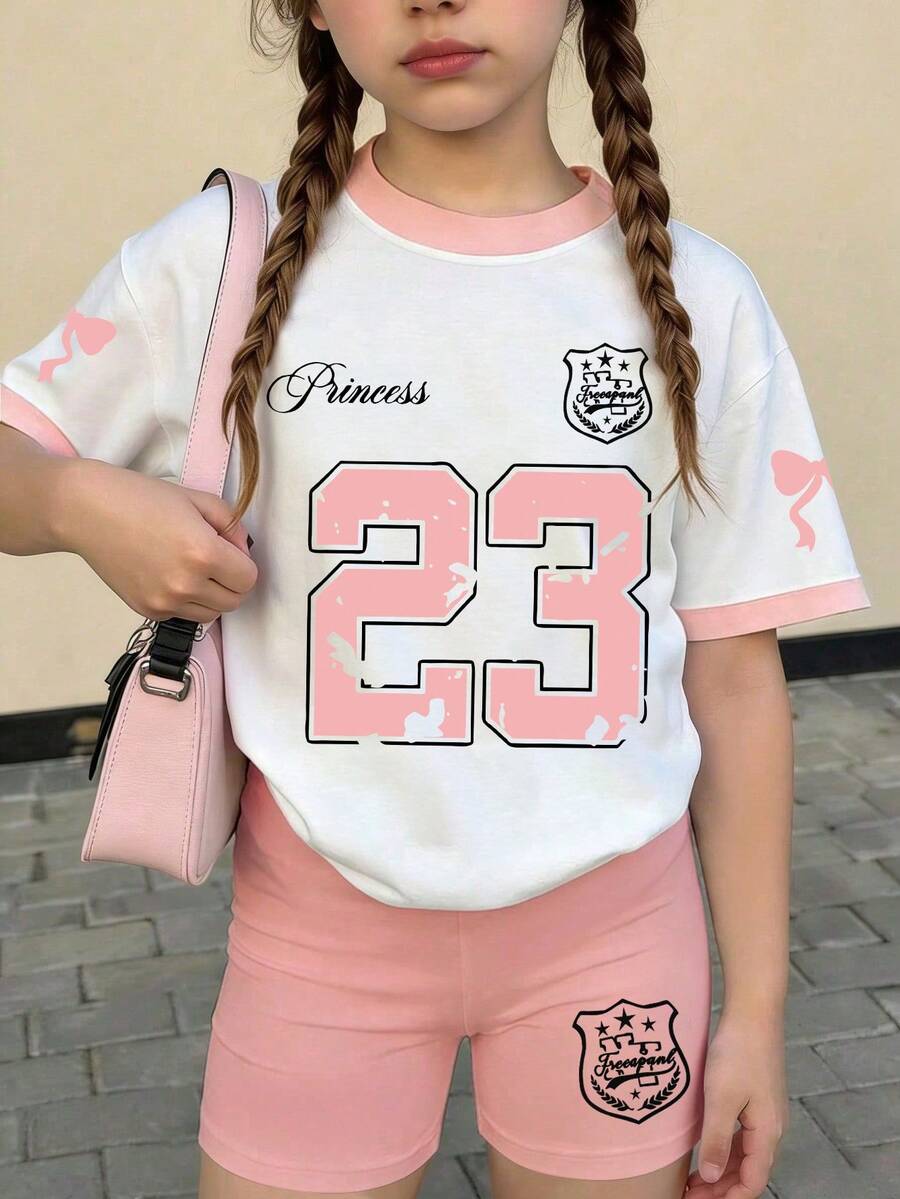 女童夏季上衣短裤套装（2件套），宽松短袖T恤，休闲简约风格，适合上学/运动/户外活动，学生装 - 粉色 - 查看 1