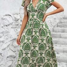 Clasi Vestido midi de línea A con cuello en V y manga corta, con estampado de plantas tropicales, elegante para uso diario y vacaciones - Azul marino - Ver 4