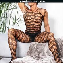 Jumpsuit/Baju Tidur Pria Model Terusan Berenda Jaring Hitam dengan Karet Elastis - Hitam - View 2
