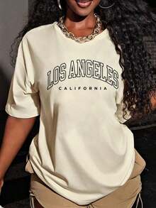 Women's Pure Cotton T-Shirt, Casual Style, With Round Neck And Letter Print, Inspired By Los Angeles, California. - 杏色 - 查看 9
