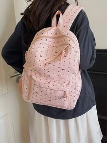 3pcs Nylon Bow Print Backpack Set, Foldable Multi-Pocket Large Capacity Zipper Backpack, Suitable For Teenagers And High School Students - Pink - View 8