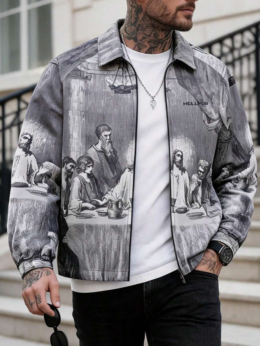 Men's Figure Print Lapel Long Sleeve Sporty Rave Jacket, For Fall - Grey - View 1