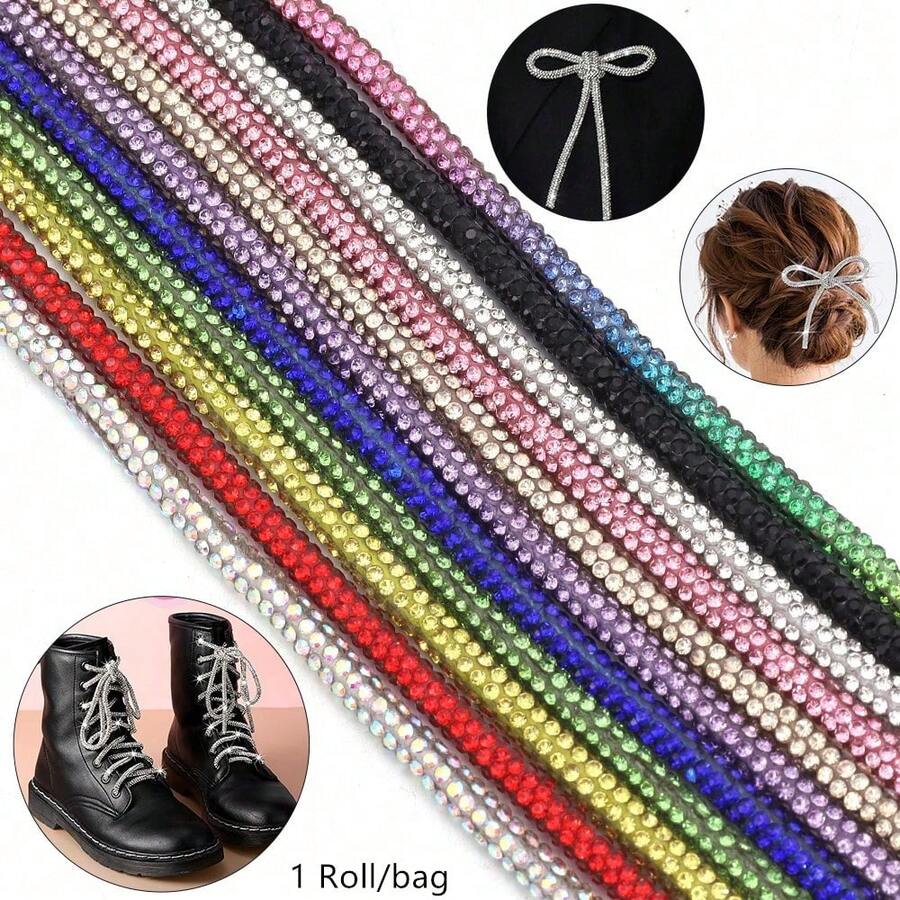 Dây ống đính đá 4mm, dài 5 thước Anh/cuộn, dây rỗng đính đá sang trọng dùng để trang trí dây giày, phụ kiện tóc, hộp và túi xách, 6 hàng đá đính trong ống.