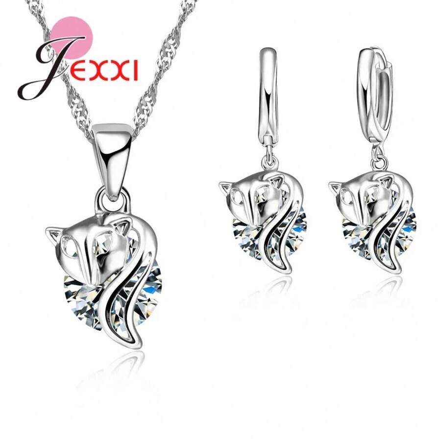 925 Sterling Silver Plating Necklace And Earring Set With Cubic Zirconia, Cross, Heart And Butterfly Design, Fashion Jewelry For Women. - 32401 - 查看 1