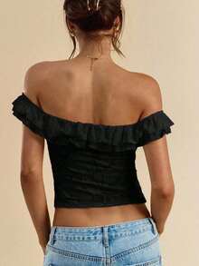 Top corto de encaje con hombros descubiertos para mujer, blusa ajustada con frente con nudo y volante - Negro - Ver 2