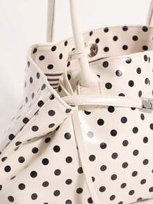 Bolso de axila de PU con lunares en contraste blanco y decoración de correa, bolso tote de gran capacidad, bolso de hombro para mujer adecuado para ir al trabajo y hacer compras - Blanco - Ver 6