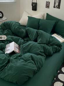 Blue And White Color Block Washed Polyester Fiber Skin-Friendly 3 PiecesDuvet Cover Set - Dark Green - View 5