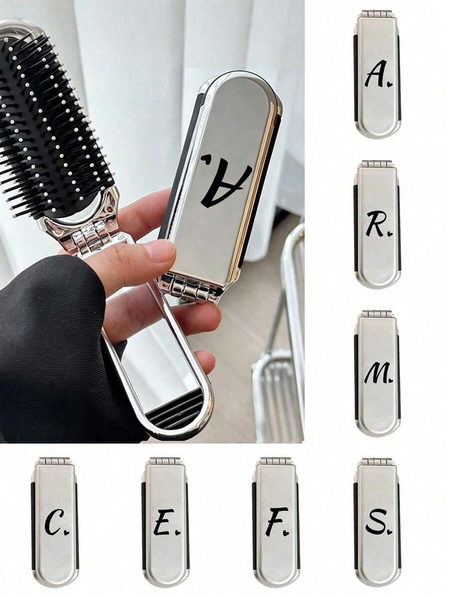 二合一镀银折叠梳子兼化妆镜 - 便携式,印有黑色 A-Z 字母和心形图案,适合旅行、度假和居家使用,方便携带,现代旅行美容工具 - 銀色 - 查看 1