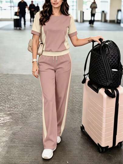 Spring/Summer/Autumn Women's New Casual Versatile Color-Block College Style Round Neck Short Sleeve Top & High Waist Loose Straight Leg Long Elegant