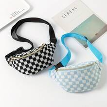 1pc Checkered Waist Bag |   Adjustable Storage Bag Men And Women, Portable With Adjustable Shoulder Strap, Fashionable Travel, Hiking, Cycling, Running, Leisure - Polyester Blend, Mixed Colors, Zipper Closure MBGM - Light Blue - View 4