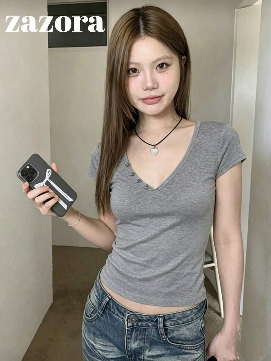 V领纽扣修身性感短袖T恤,女士夏季百搭休闲上衣 - 灰色 - 查看 1